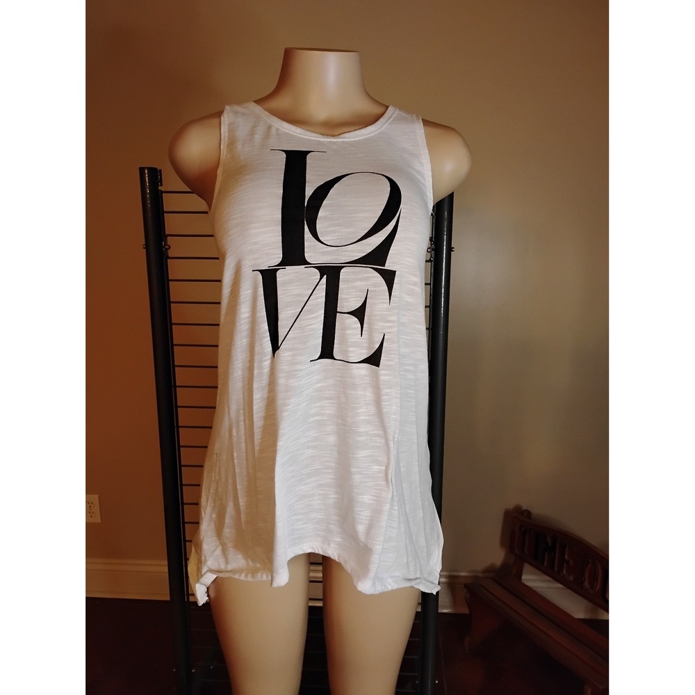 True Rock Womens White LOVE Graphic Tank Top Slub Knit Sleeveless Small